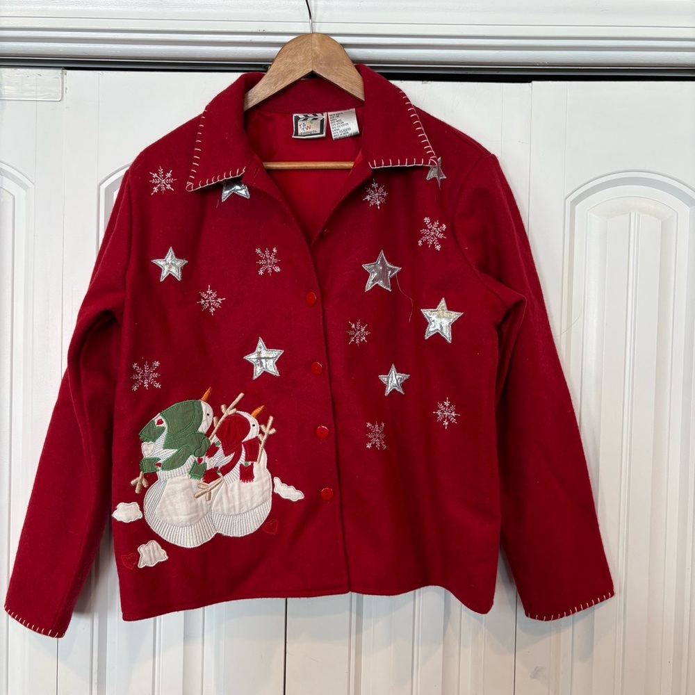 Take Two Red Snowman Button Up Shacket Size Medium